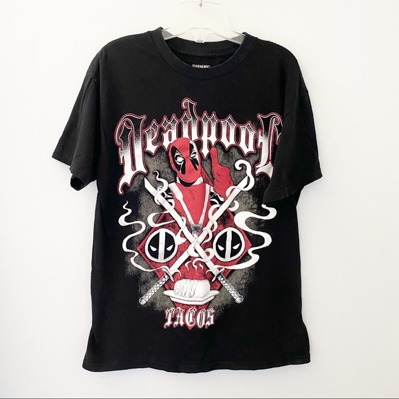 Marvel Deadpool Tacos Logo Short Sleeves Black Tee - Picture 1 of 5